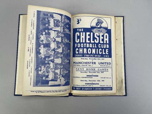 Bound volume of Chelsea home match programmes, 1947-48 from Blackburn Rovers, 27th August 1947 to Chelsea v. Heart of Midlothian, Friendly, 26th April