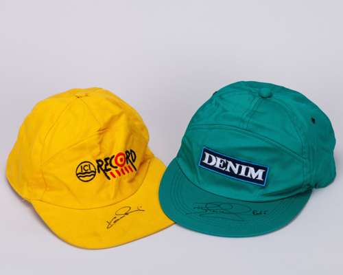 Nigel Mansell and Keke Rosberg 1985 Canon Williams Renault Signed Sponsor Caps