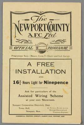 Newport County v Bristol Rovers programme 17th September 1927, F.L. Division Three (South)