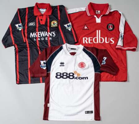Three Premier League match jerseys,
 comprising Gavin Peacock red and white Charlton Athletic no.23 home jersey; Andy Morrison black and red Blackburn