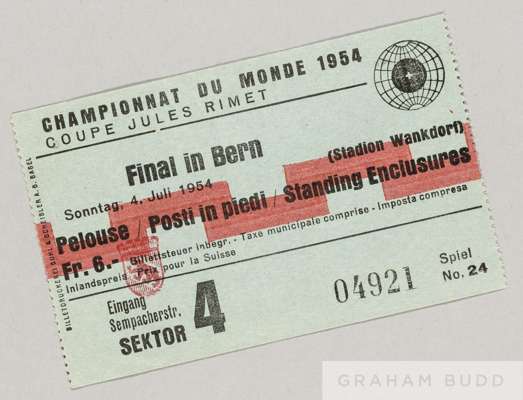 Ticket for the 1954 World Cup Final West Germany v Hungary played in Bern