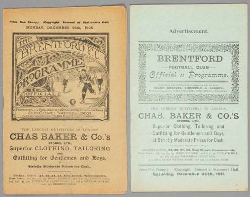 Two Brentford v Reading programmes,
 Southern F.L. Division One fixtures, 28th December 1908 and 30th December 1911, (2), wear to both, splits and tea