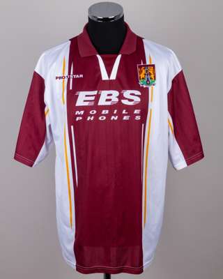 Ian Clarkson maroon and white No.2 Northampton Town match worn short-sleeved shirt, 1997-98