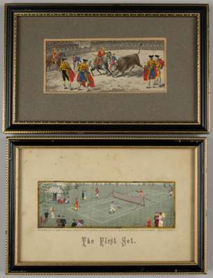 Two Victorian silk Stevengraphs, 
 comprising The First Set,  2 by 6in. and Spanish Bull Fighter, 2 by 6in. both framed (2)