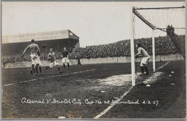 Arsenal v Bristol City FA Cup tie postcard at Plumstead, 2nd February 1907, 
 featuring match action, reverse with pencil annotation, 9 by 14cm.

 Woo