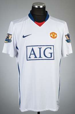 Rio Ferdinand white Manchester United no.5 away jersey, season 2008-09,
 Nike, short-sleeved with BARCLAYS PREMIER LEAGUE 07/08 CHAMPIONS gold sleeve 