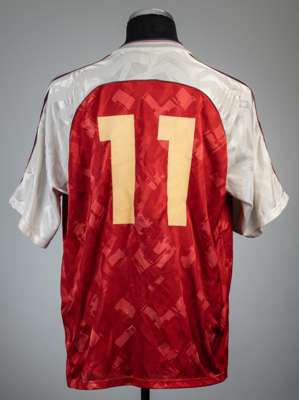 Anders Limpar part- team signed red Arsenal no.11 home jersey, season 1990-91,
 Adidas, short-sleeved with club crest and sponsor logo, white collar e
