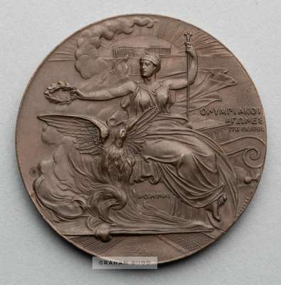 Athens 1896 Olympic Games participant's medal,
 designed by N Lytras, struck by Honto-Poulus, bronze, the obverse with seated Nike holding a laurel wr
