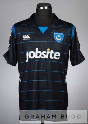 Younes Kabou black and blue Portsmouth no.3 away jersey, season 2009-10,
 short-sleeved with BARCLAYS PREMIER LEAGUE sleeve badges, club crest and spo