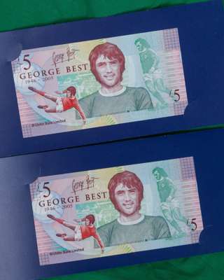 Two George Best Ulster Bank commemorative five pound banknotes