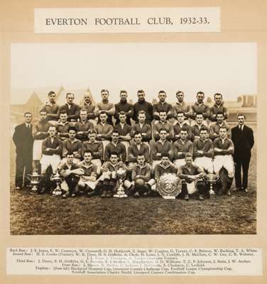 Official Everton b&w team-group photograph season 1932-33,
 bearing details of the clubs's achievements in this season, Blackpool Hospital Cup, Liverp