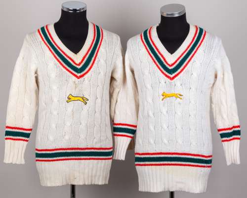 Dickie Bird two Leicestershire County Cricket long-sleeved cricket sweaters