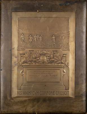 A rare and important plaque presented to Jules Rimet, 1931 by the French Football Association, 
 presented to the 'Father of the World Cup' Jules Rime