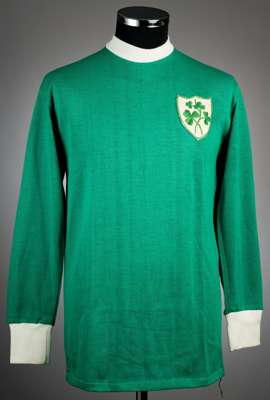 Green Republic of Ireland no.9 home jersey, circa 1969,
 Umbro, long-sleeved with white collar and cuffs, bears shamrock badge, reverse numbered 9, gr