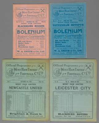 Four West Ham United 1920s home programmes,
 F.L. Division One fixtures v Blackburn Rovers 14th November 1925, Tottenham Hotspur 18th April 1927, Leic