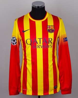 Neymar Jr red and yellow No.11 Barcelona v. AC Milan long-sleeved shirt, 2013