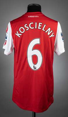 Laurent Koscielny red and white Arsenal no.6 Poppy jersey v West Bromwich Albion, played at Emirates Stadium, 5th November 2011,
 match issue, Nike, s