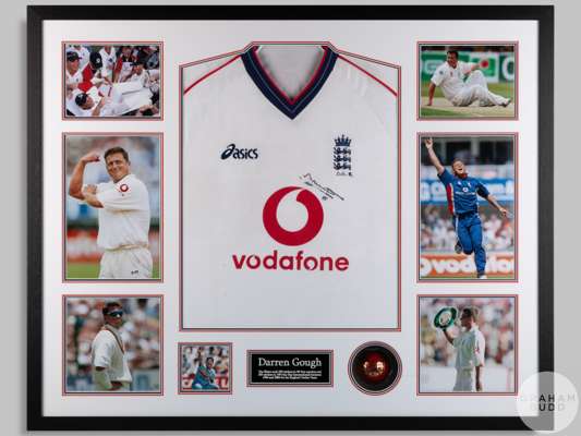 A white Asics Darren Gough England replica cricket shirt and ball