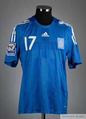 Theofanis Gekas blue No.17 Greece short sleeved shirt, 2009-10, 
 Adidas, size L, crew neck with embroidered cloth badge, SOUTH AFRICA 2010 FIFA WORLD