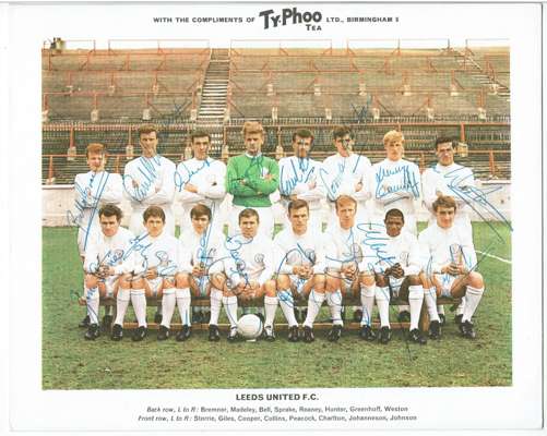 Extremely rare Leeds United squad signed Ty-phoo tea 2nd series photo card, 
 lovely neat, bold autographs of these legends, Back row: Billy Bremner, 