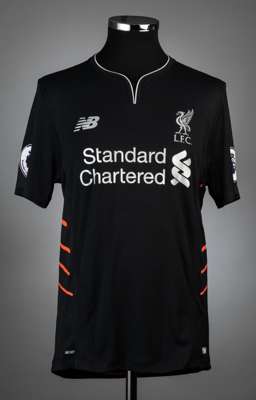 James Milner black & orange Liverpool no.7 away jersey, season 2016-17,
 match-issue, New Balance, short-sleeved with PREMIER LEAGUE sleeve badges, cl