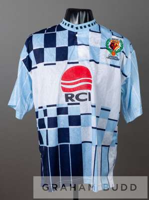 Blue and white Watford no.15 substitute's away jersey from the Club's 1991-92 Centenary season,
 by Bukta, short-sleeved with THE FOOTBALL LEAGUE slee