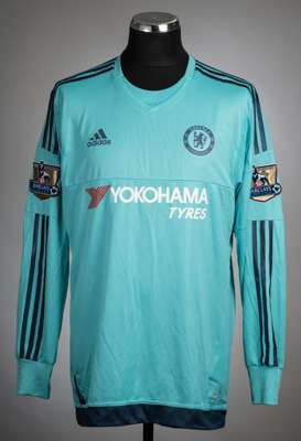 Asmir Begovic vivid mint Chelsea no.1 goalkeeper's home jersey, season 2015-16,
 Adidas, long-sleeve with BARCLAYS PREMIER LEAGUE 14/15 CHAMPIONS slee