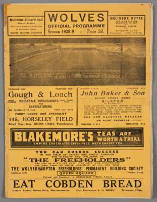 Wolverhampton Wanderers v Aston Villa programme 10th April 1939,
 F.L. Division One