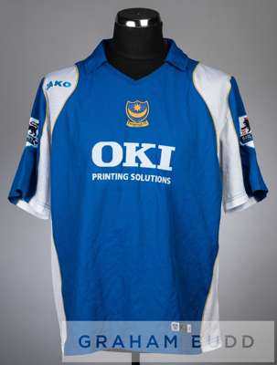 Sean Davies signed blue and white Portsmouth no.28 home jersey, season 2006-07,
 short-sleeved with BARCLAYS PREMIERSHIP sleeve badges, club crest and