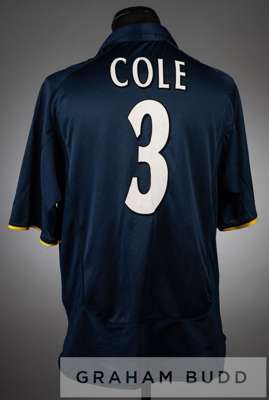 Ashley Cole navy and yellow Arsenal no.3 third choice jersey, season 2000-01,
 short-sleeved with UEFA STARBALL sleeve badge, club crest and sponsor l
