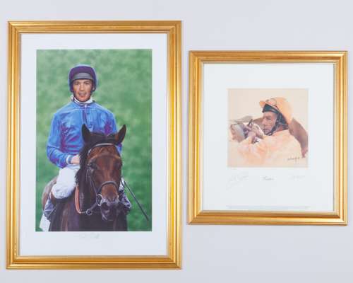 Two prints signed by the champion jockeys Lester Piggott and Frankie Dettori