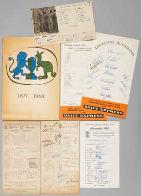 Selection of cricket autographs,
 New Zealand team 1949 card with team cut-out, signed in ink by 17 players; scorecard England v West Indies, Lords, J
