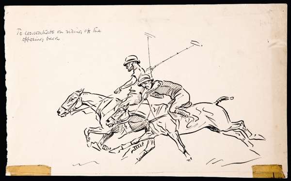 John Arthur Board (1886-1975) POLO PLAYERS: TO CONCENTRATE ON RIDING OFF THE OPPOSING BACK pen & ink drawing, 16 by 26cm., unmounted  This work appear