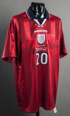 Michael Owen red England No.20 1998 World Cup jersey, unworn short-sleeve spare, inscribed ENGLAND, FIFA WORLD CUP, FRANCE 1998  Provenance: Bought at