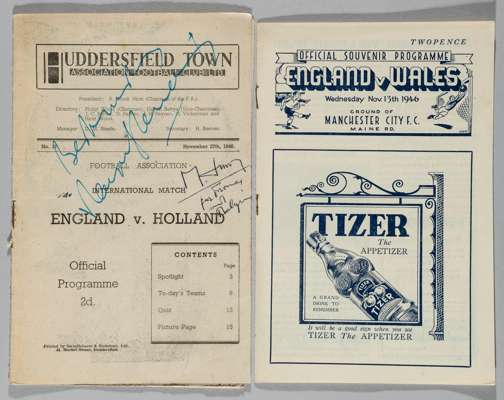 England home programmes v Wales, played at Maine Road, 13th November 1946, 
 sold with v Holland at Huddersfield 27th November 1946, signed to front b