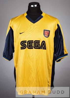 Davor Suker signed yellow and navy Arsenal no.9 away jersey, season 2000-01,
 short-sleeved with THE FA PREMIER LEAGUE sleeve badges, club crest and s