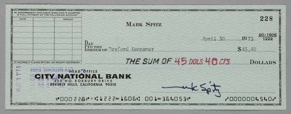 Mark Spitz, nine-time Olympic Swimming Gold medal winner 1968-1972, rare original signed personal cheque,
 size 8 1/4 by 3 1/4in. from The City Nation