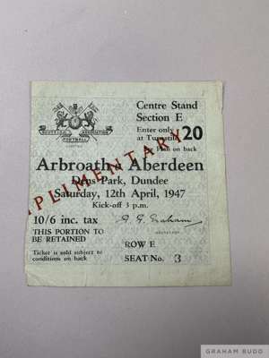 Rare Arbroath V. Aberdeen Scottish Cup Semi-Final ticket stub, 12th April 1947
 match played at Dens Park, Dundee, 1st Scottish Cup after WWII