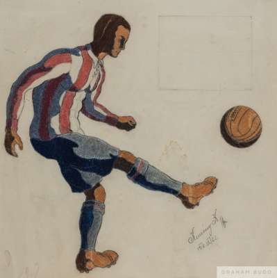 A drawing of a footballer, dated 22nd April 1912,
 charcoal and crayon mixed media, of a footballer kicking a ball, signed and dated in pencil lower r