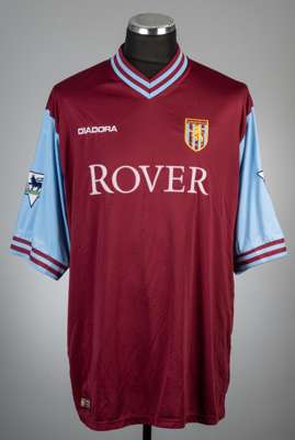 Peter Crouch claret and blue Aston Villa no.16 home jersey, season 2002-03,
 Diadora, short-sleeved with FA PREMIER LEAGUE sleeve badges, club crest b