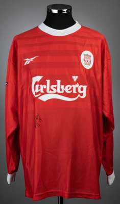 Vegard Heggem signed red & white Liverpool no.14 home jersey, season 1999-2000,
 match-issue, Reebox, long-sleeved with THE FA PREMIER LEAGUE sleeve b