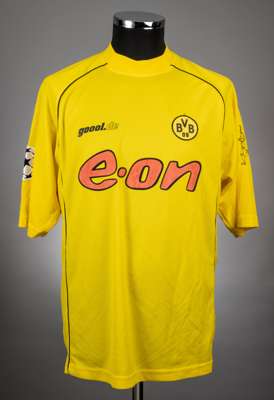 Jurgen Kohler yellow No.5 Borussia Dortmund short-sleeved jersey, 2001-03, 
 Goool.de, L, with crew-neck collar and embroidered cloth badge inscribed 