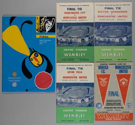 Three Manchester United F.A. Cup final programmes, 
 Newcastle United, 7th May 1955, Aston Villa, 4th May 1957, Bolton Wanderers, 3rd May 1958, Manche
