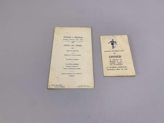 Chelsea v. Reading, single-card menu, 17th January 1921 held at Pillar Hall Cafe, Victoria Station 
 and a Reading Football Club Dinner menu card, cel