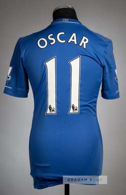 Oscar blue Chelsea no.11 Poppy home jersey v Liverpool at Stamford Bridge, 11th November 2012,
 Adidas, short-sleeved with BARCLAYS PREMIER LEAGUE sle