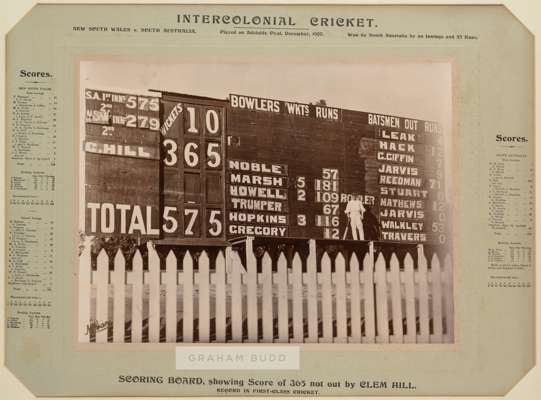 Australian inter-state cricket b&w photograph of the N.S.W v South Australia scoreboard, played at Adelaide Oval, 15th - 19th December 1900, showing t