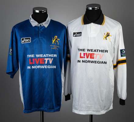 Two Millwall match jerseys,
 comprising one and white no.16 unnamed for the 1999 Auto-Windscreen Final at Wembley Stadium, 18th April 1999, Asics, sho