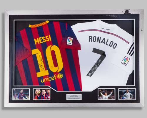 A dual framed Lionel Messi and Cristiano Ronaldo autographed shirt