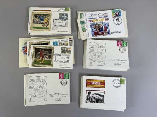 A box of miscellaneous FDCs, Postcards, and Ephemera, 
 includes Football Benham Silk Covers, selection of FDC, Postcards, 40 years Since Winning Worl