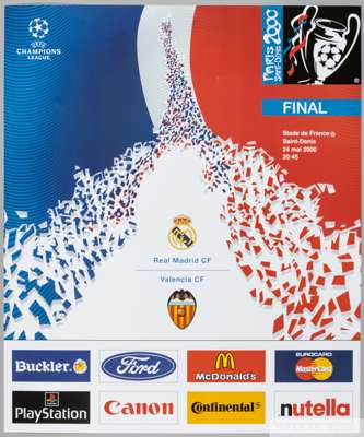 2000 Champions League Final Official poster for the game between Real Madrid v. Valencia
 24th May 2000 at the Stade de France,60 x 50cm.       

 The